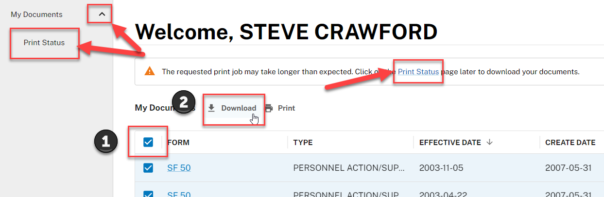 A two-step process shown for combining all documents in a list and adding them to one document for download.  Multiple links to the Print Status screen are highlighted.